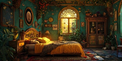 Fototapeta premium Sunlit bohemian bedroom, ornate furniture, plants, vintage art. Interior design inspiration