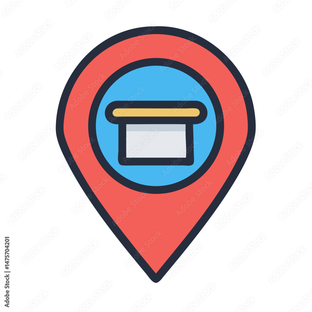 Poster map pointer icon with an atm symbol inside
