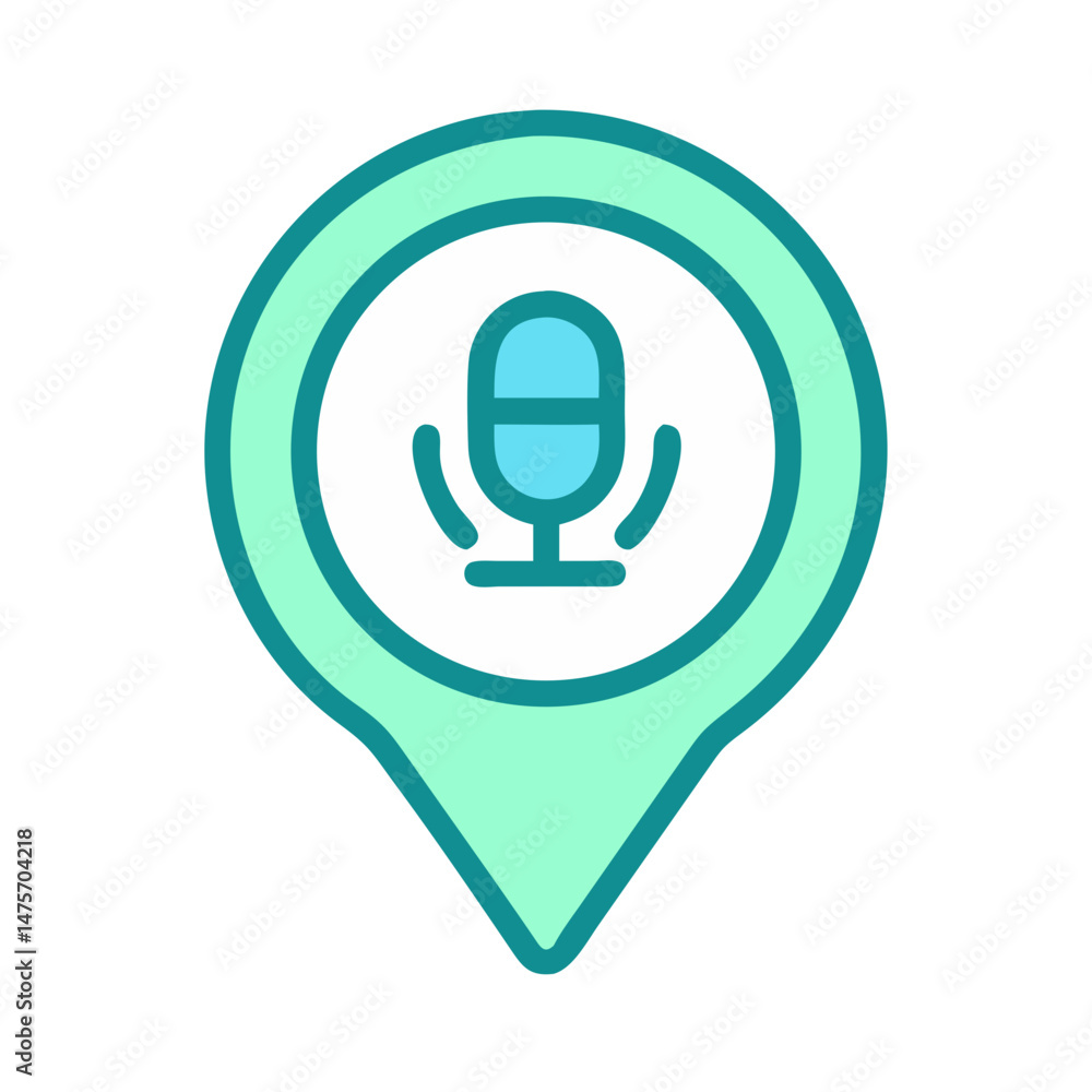 Poster teal map pointer icon with microphone flat design