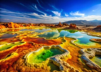 Naklejka premium Dallol Geothermal Springs: Vibrant Acidic Landscape, Ethiopia