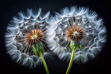 Fototapeta premium Dandelion Seed Heads, Fluffy White, Black Background, Closeup, Macro Photography