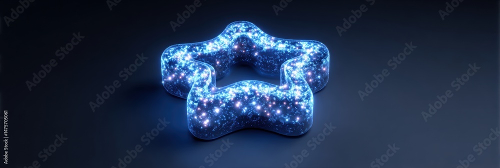 Poster glowing 3d star shape with sparkling effects and a minus sign at its center on a dark background