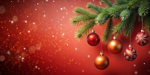 Obraz premium Dark Red Minimalist Christmas Background: Hanging Ornaments, Snowflakes & Fir