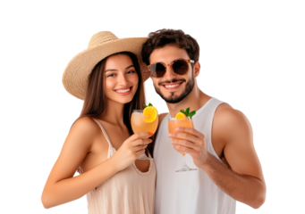 Happy couple in summer clothes isolated on transparent background