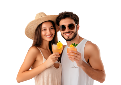 Happy couple in summer clothes isolated on transparent background