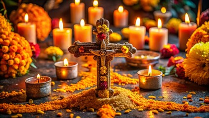 Day of the Dead Altar: Macro Salt Cross, Sugar Skulls, Marigolds