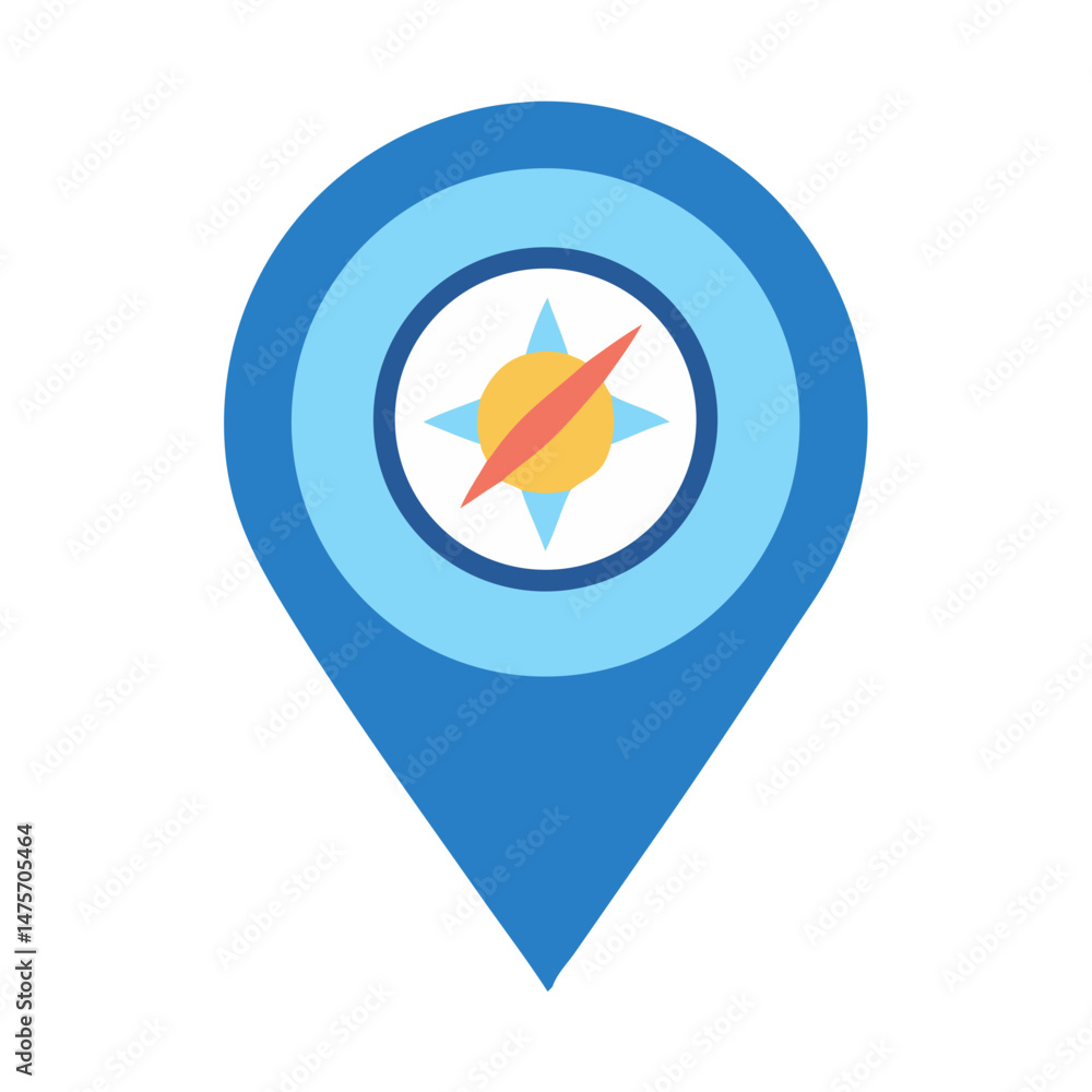 Poster blue map pointer icon with compass rose on background