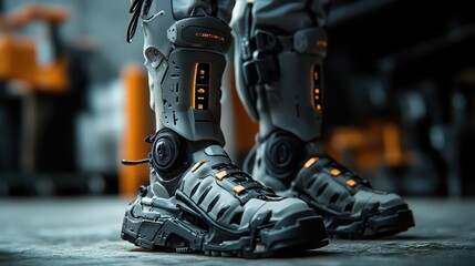 Close up of futuristic boots with intricate details and orange accents on a blurred background