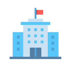 Flat building illustration with flag against a black background