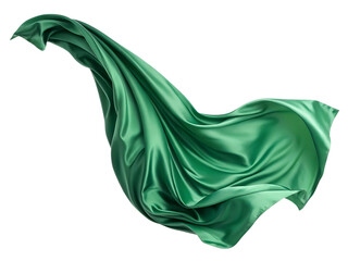 Flying green silk fabric isolated on transparent background. A green silk scarf is shown in the air, with the fabric flowing and creating a sense of movement.