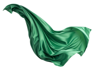 Flying green silk fabric isolated on transparent background. A green silk scarf is shown in the air, with the fabric flowing and creating a sense of movement.