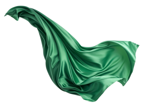 Flying green silk fabric isolated on transparent background. A green silk scarf is shown in the air, with the fabric flowing and creating a sense of movement.