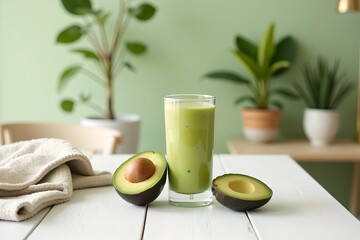 Avocado smoothie in table.