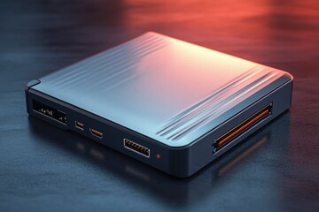 compact silver external hard drive with multiple ports on dark reflective surface under dramatic lighting