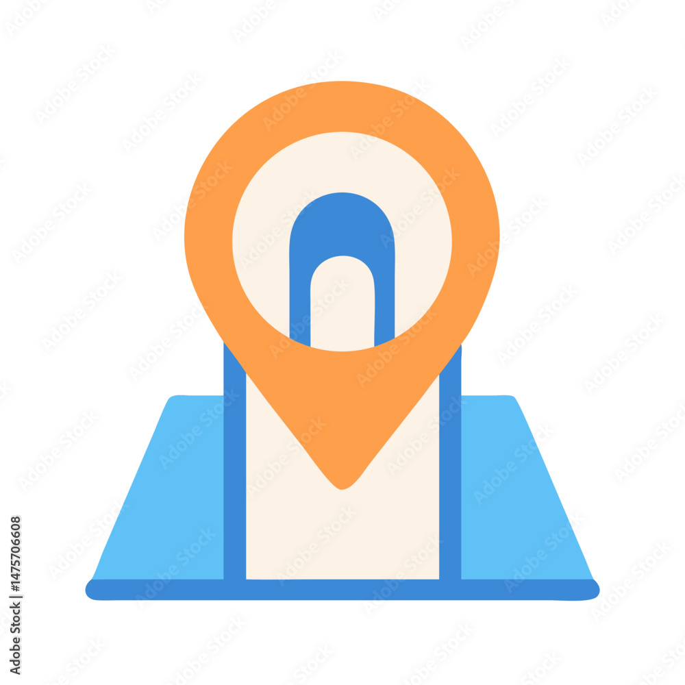 Poster simple flat icon showing map location pin with tunnel