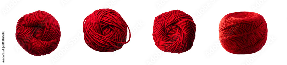 Poster set of close up view of four balls of deep red yarn. isolated on transparent background