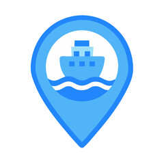 Blue ship location pin icon on black background