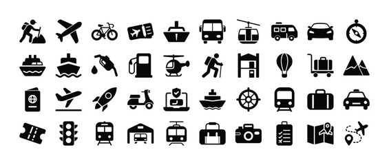 Travel and transportation icon set featuring diverse journey options and elements