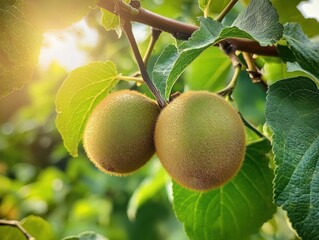 Two ripe kiwi fruits hanging on a branch surrounded by green leaves with warm sunlight filtering through