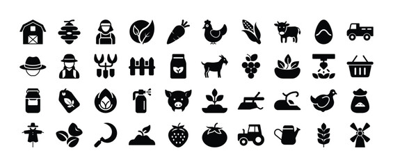 Farm and agriculture solid icon set representing farming elements and agricultural products