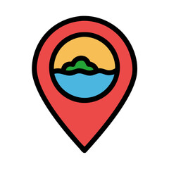 Island vacation location pin with beach and sunset image