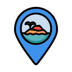 Island location pin marker featuring tropical landscape illustration