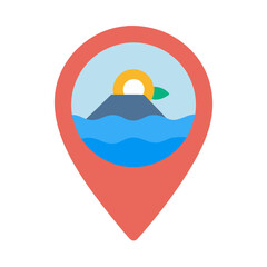 Colorful map pin icon displaying sea and mountain landscape