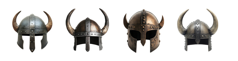 Set of ancient viking helmets isolated on transparent background