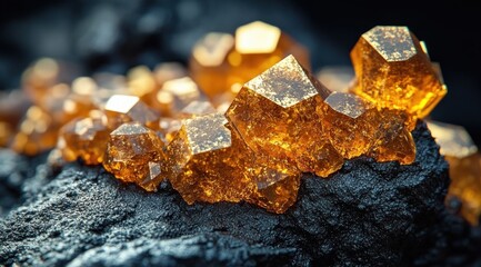 Close-up of shiny golden-orange hexagonal crystals forming on rough dark volcanic rock, displaying intricate geometric shapes and sparkling textures