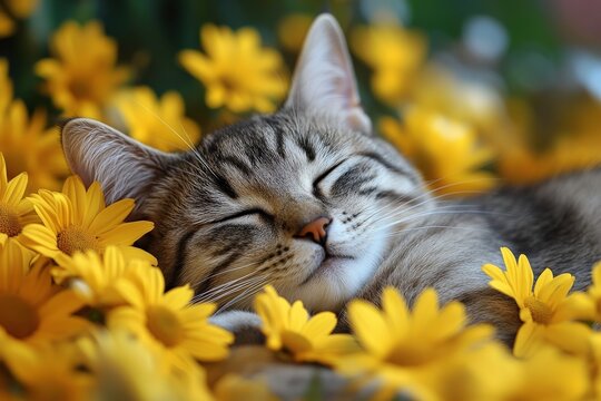Cute tabby cat sleeping peacefully among vibrant yellow flowers in a serene garden setting, capturing the essence of tranquility and nature's beauty. - Powered by Adobe