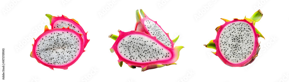 Poster set of view of sliced dragon fruit segments. isolated on transparent background