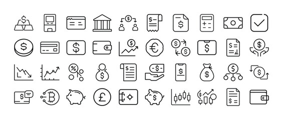 Set of black line finance and banking icons for website and application design