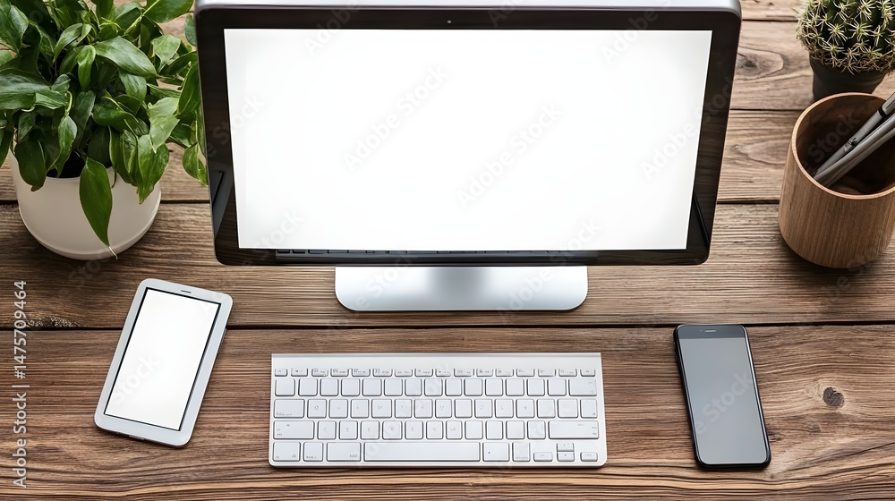 Poster flat lay view of a computer monitor, keyboard, tablet and phone on a wooden surface.