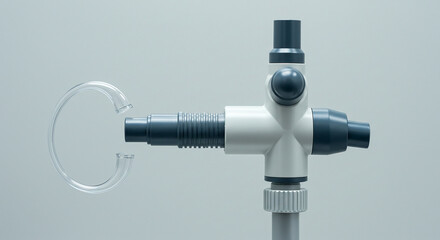 Close up of a laboratory apparatus with a circular glass tube and gray and white components visible