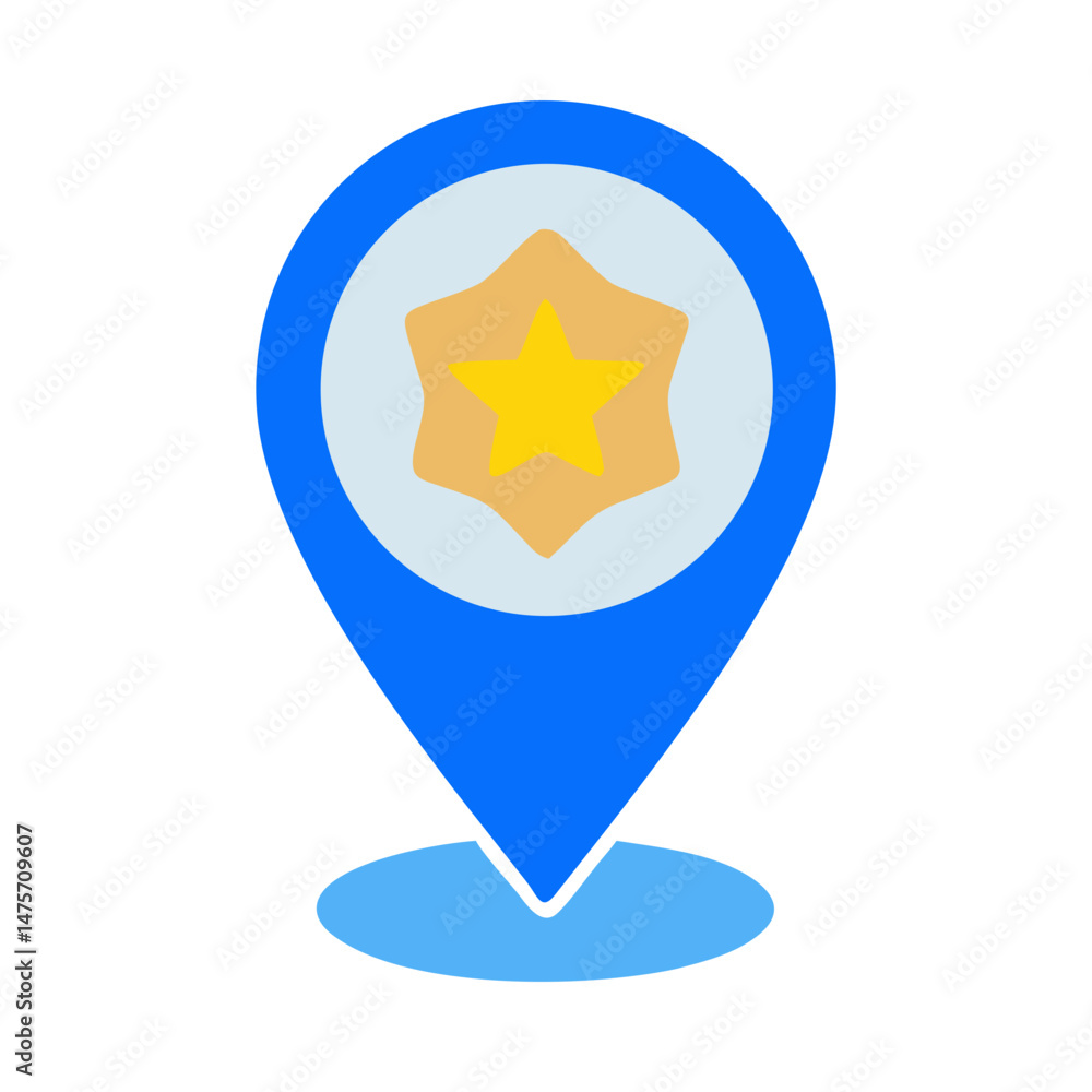Poster blue map pointer icon with a golden star emblem