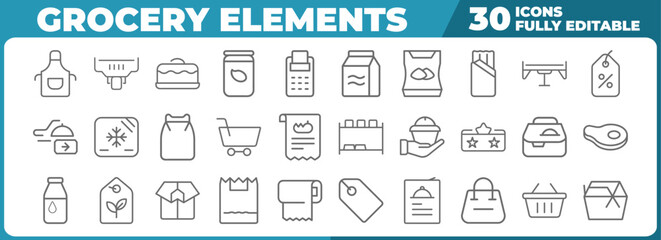 Supermarket icons outline set fresh produce shopping cart groceries store line art