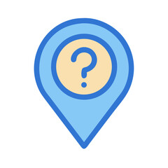 Blue map pointer symbol with a question mark icon