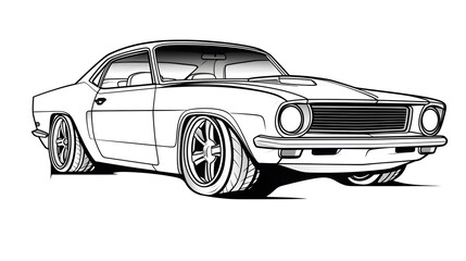 Fototapeta premium Vintage Line Drawing of Stylish Couple with Glasses and Trendy Hairstyle in Classic Car