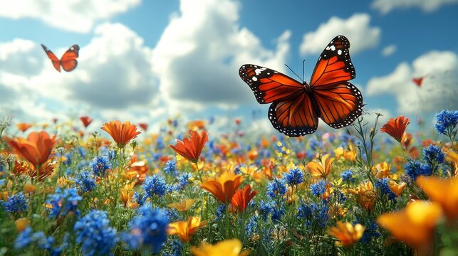 Butterflies fly over colorful wildflowers under a blue sky with fluffy clouds