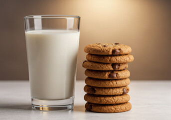 A tall glass of fresh milk stands next to a stack of delicious chocolate chip cookies.