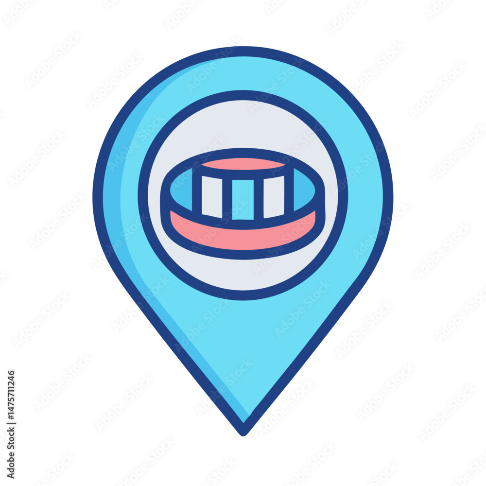 Aufkleber blue map pointer with amphitheater icon on black background