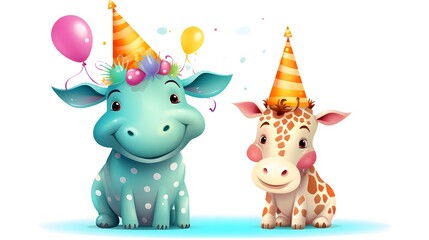 Obraz premium Adorable Little Giraffe and Hippo Wearing Party Hats Vector Illustration