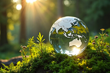 Crystal globe glass on green moss in forest to protect nature Save and care World for sustainable. concept of the environment ecology and Earth Day. eco environment and ESG concept