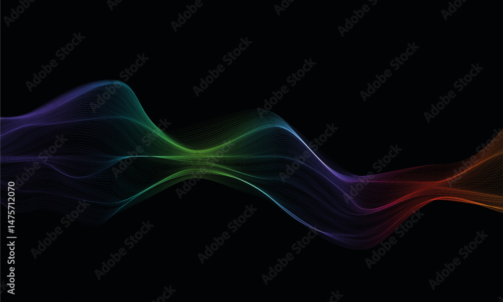 Poster colourful wavy lines pattern by rainbow gradient on black background. abstract element with colorful