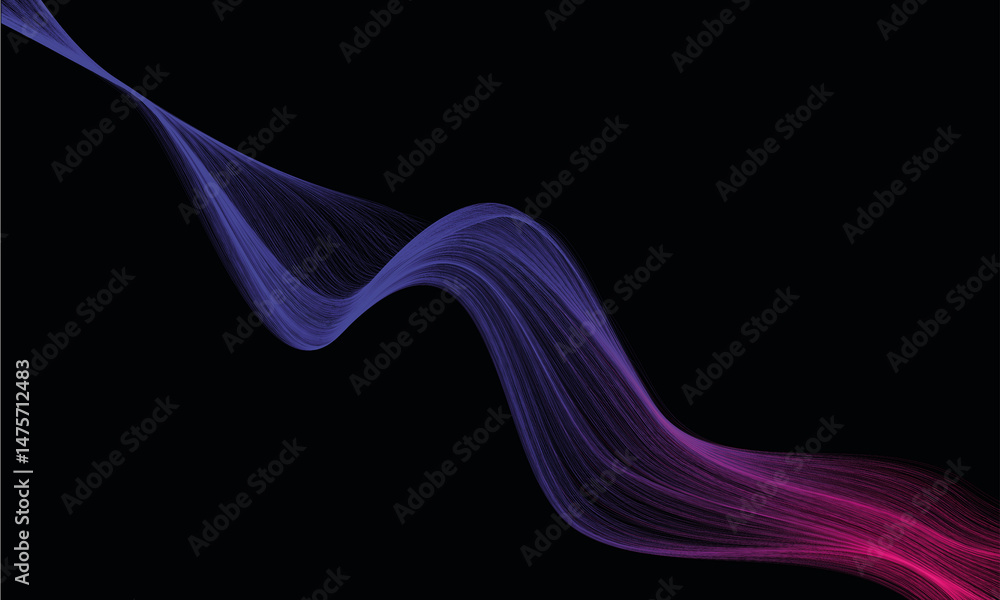 Poster wave lines flowing curve pattern by colorful gradient blue purple on dark black background. abstract