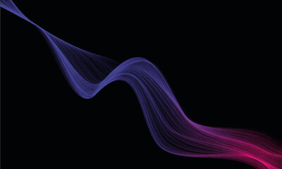Wave lines flowing curve pattern by colorful gradient blue purple on dark black background. Abstract element with colorful flowing wavy curves. Data, science, technology, digital art, music. Backdrop