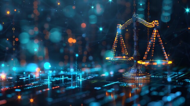 Cyber law case visualized with binary codes forming a balance scale futuristic dark theme
