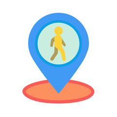Walking location pin icon with circle beneath graphic