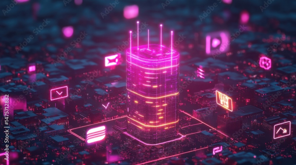 Aufkleber g tower surrounded by connected devices and glowing data nodes in a smart city concept
