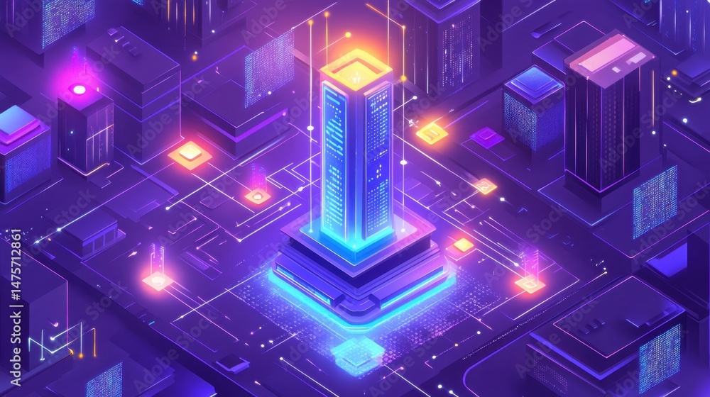 Poster g tower surrounded by connected devices and glowing data nodes in a smart city concept